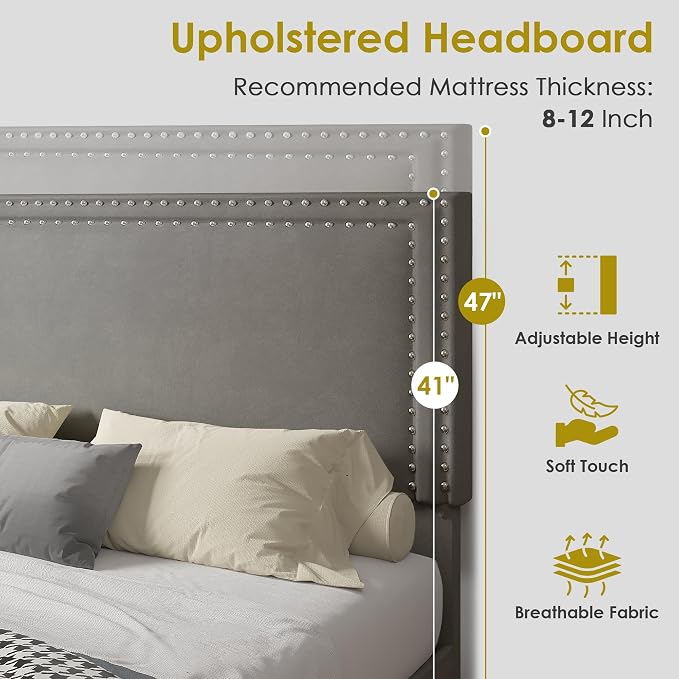 VECELO Queen Size Platform Bed Frame with Height Adjustable Upholstered Headboard, Modern Mattress Foundation,Strong Wood Slat Support, No Box Spring Needed, Easy Assembly,Dark Grey