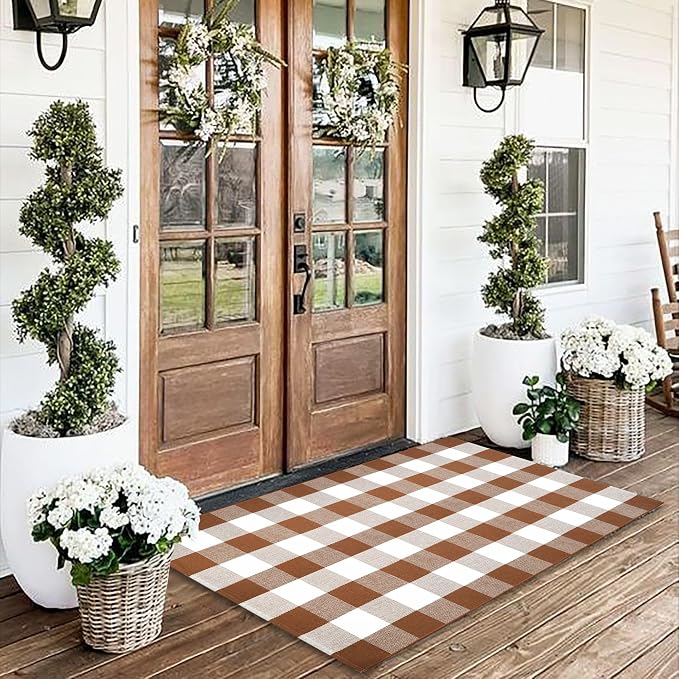 Homydecor Buffalo Plaid Outdoor Rugs, 24'' x 51'' Coffe and White Checkered Area Rug, Layering Rug for Hello/Welcome Door Mat, Washable Cotton Woven Farmhouse Mat for Front Porch Décor