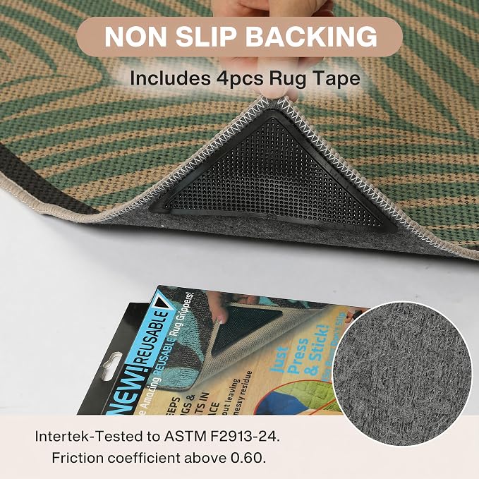 Tribesigns 5x7 Blue Green Coastal Easy Jute Patio Area Rug for Living Room | Washable, Non-Slip Coastal Leaf Design for Bedroom, Dining Room, Office and Indoor Outdoor Spaces, Includes 4 Rug Grippers