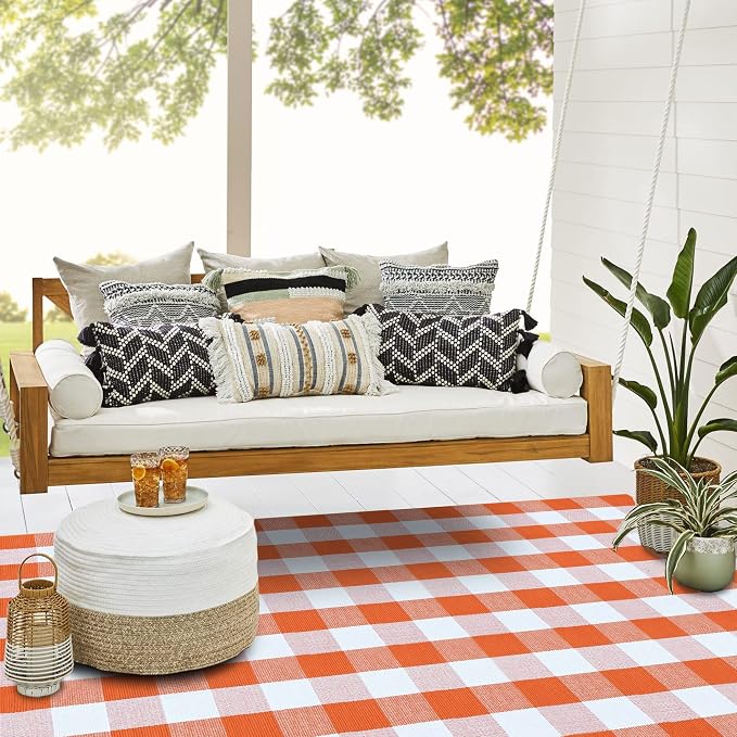 SEEKSEE Buffalo Plaid Rug 4' x 6' Orange and White Large Front Door Mat, Layering Area Rug, Halloween Rug for Outdoor Patio Entryway Indoor Living Room Kitchen Dining Room Decor