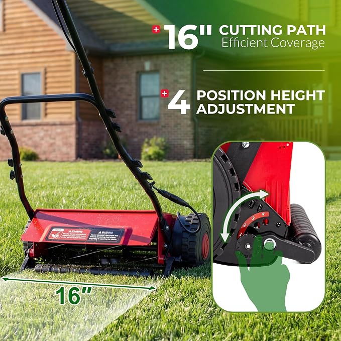 Walensee 16-Inch Cordless Electric Reel Lawn Mower with 2 Batteries | 380W motor at 22500 RPM, 5-blade reel at 900 RPM and 4 cutting heights from 0.67 to 1.77 inches for small yards