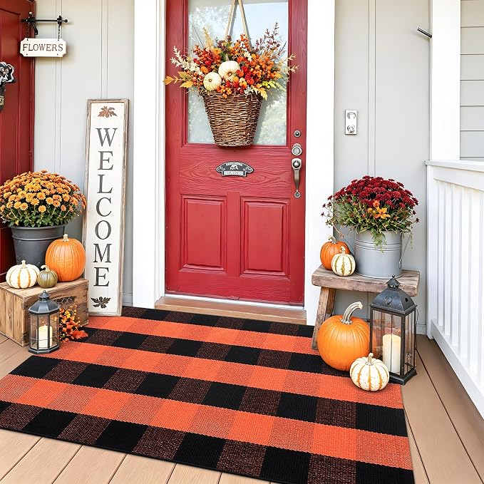 OLANLY Buffalo Plaid Rug 2'4" x 3'7" (27.5" x 43") | Orange and Black Cotton Checkered Doormat, Washable Indoor Outdoor Rug for Layered Front Porch, Kitchen, Entryway Decor
