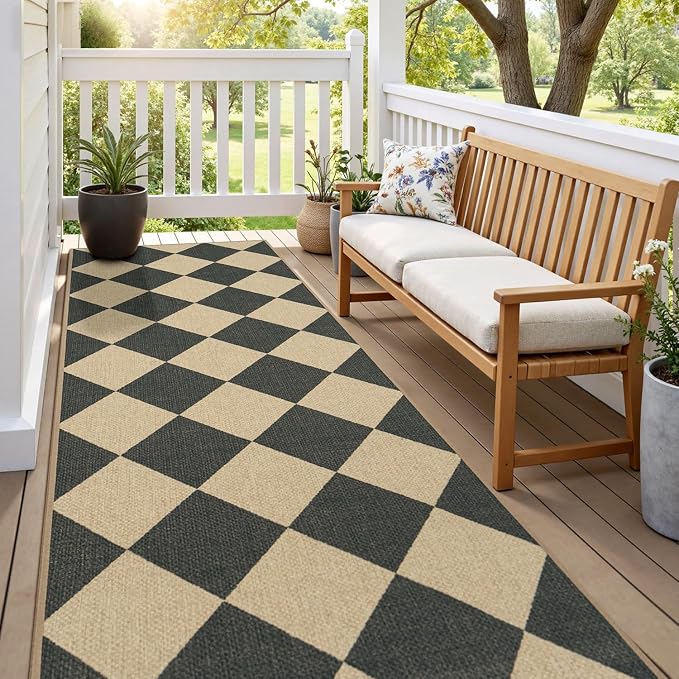 Lessymo Runner Rug 2.6x8 for Hallway, Checkered Easy Jute Washable Carpets | Reinforced Non Slip for Entryway Kitchen Bedside, Farmhouse Indoor Outdoor Carpets for Patio Porch, Diamond Black/Beige