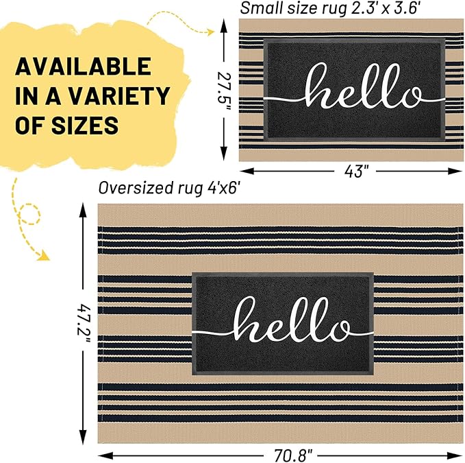 KILOCOCO Striped Rug 4x6 ft Washable Front Door Outdoor Rug, Brown Black | Cotton Front Porch Rug, Woven Living Room Rug, Low Pile Welcome Mat for Entryway, Layered Farmhouse Kitchen Patio Carpet