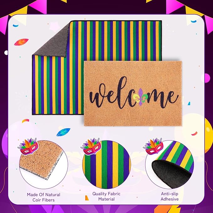 2 Pcs Mardi Gras Welcome Doormat, Welcome Mardi Gras Masks Mat, Carnival Fleur De Lis Non Slip Coir Mat Floor Striped Layering Doormats Seasonal for Front Porch Entryway Decor 24" x 32"
