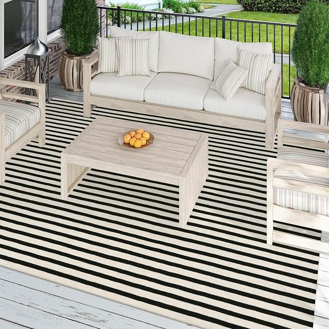 LEEVAN 5'X8' Black and White Striped Woven Cotton Reversible Outdoor Rug | Machine Washable Front Porch Rug, Entryway Door Mat, Indoor Layering Carpet for Balcony Farmhouse Laundry Patio