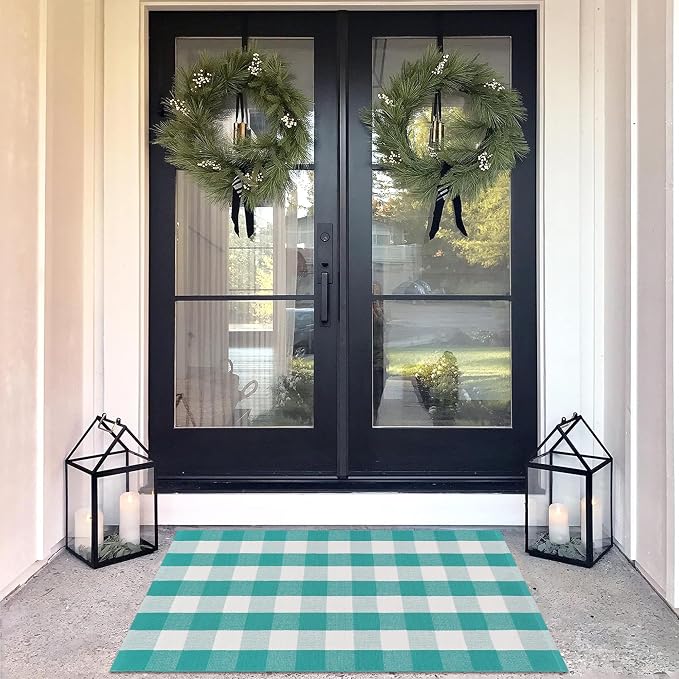 Spring Green & White Plaid Rug - 3' x 5' Outdoor Front Door Decor Mat Cotton Washable Hand-Woven Rug Christmas New Year Holiday Porch Entryway Layered Doormat