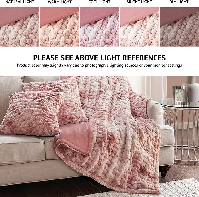 Comfort Spaces Ruched Throw Set Faux Fur Blanket, 50 x 60, Blush Tie Dye | Ultra Soft, Cozy Warmth for Sofa or Bed, Plush, OEKO-TEX Certified