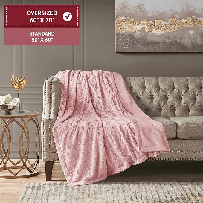 Madison Park Zuri Faux Fur Reversible Throw Blanket, 50 x 60 in, Blush | Oversized Soft Plush, Luxury, Animal Stripes, Mink Reverse, Modern, All Season, for Bed Sofa Couch, OEKO-TEX Certified