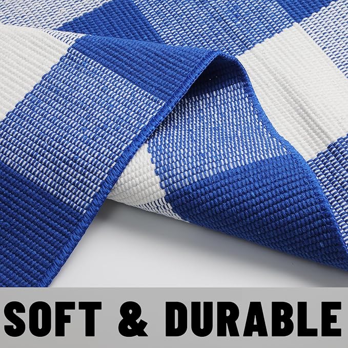 Buffalo Plaid Outdoor Rug 27.5" x 43" Blue and White Checkered Area Rug Washable Doormats Indoor Outdoor Rugs for Layered Front Door Mats, Porch, Entryway, Kitchen, Farmhouse