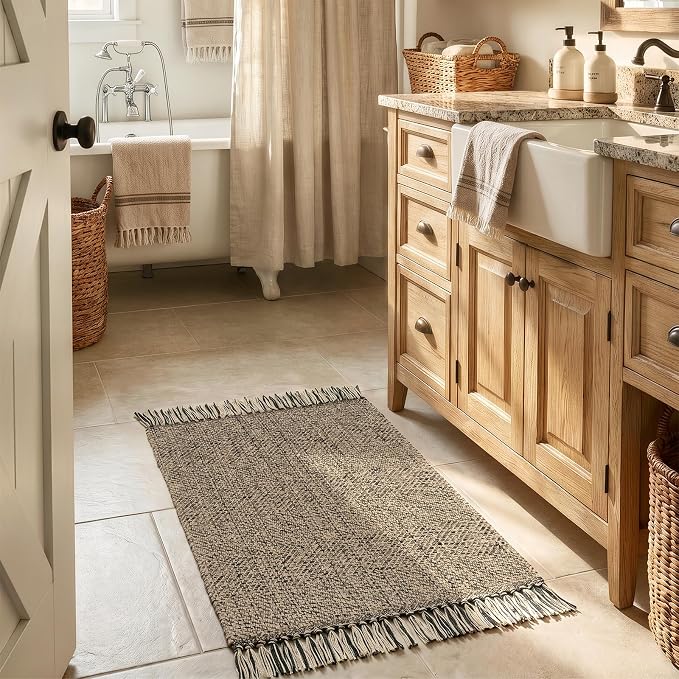 Collive Small Bathroom Rug 2' x 3', Modern Farmhouse Kitchen Rugs Hand Woven Washable Entryway Rugs, Natural/Black Boho Low Profile Front Door Mat Braided Carpet for Back Porch Bedroom Decor