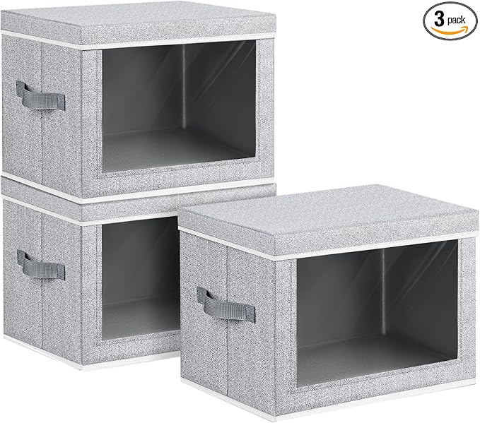 Homsorout Large Storage Baskets Bins with Lids - Stackable Cube Bins for Closet, 3 Pack Windows Organizer Bins, Home Organizers and Storage for Clothes, CD, Towels, Light Grey