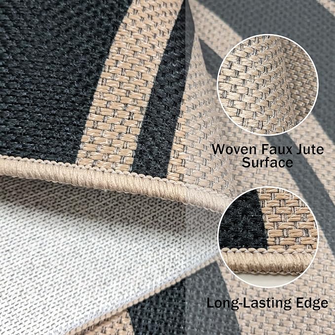 Easy Jute Rug 3x6Ft Half Circle Rainbow Carpet for Farmhouse Bedroom Carpet, Non-Slip Half Round Thin Neutral Floor Mat for Living Room Patio Kids Room Kitchen, Indoor Outdoor, Black 1