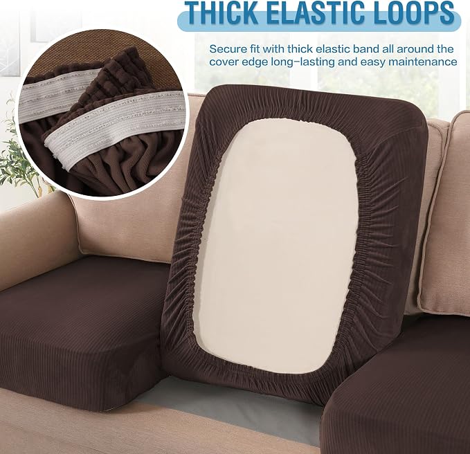 H.VERSAILTEX Velvet Stretch Couch Cushion Cover Plush Cushion Slipcover for Chair Loveseat Sofa Cushion Furniture Protector Seat Cushion Sofa Cover (3 Piece Sofa Cushion Covers, Brown Striped)