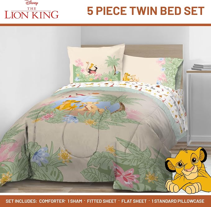 Disney Lion King Simba Twin Comforter Set 5 Piece Kids Bedding, Multi | Safari Animal, Comforter Sheets Sham Pillowcase, Official Brand, Soft Microfiber, Machine Washable, Easy Care, Kids Gift