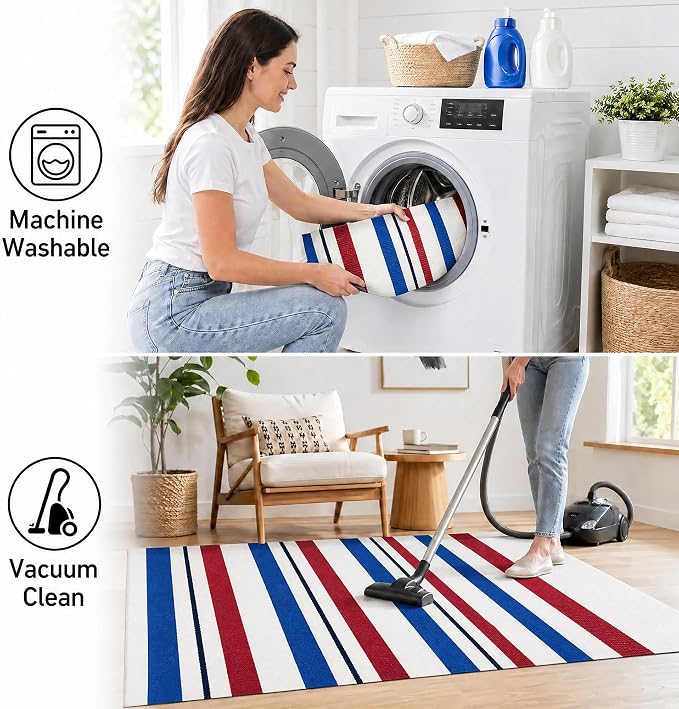 4th of July Door Mat Rug 28"x43", Patriotic Outdoor Rug for Front Porch, Red White and Blue Striped Layering Mat, Patriotic Door Mat for Indoor Outdoor Entryway Farmhouse Decor