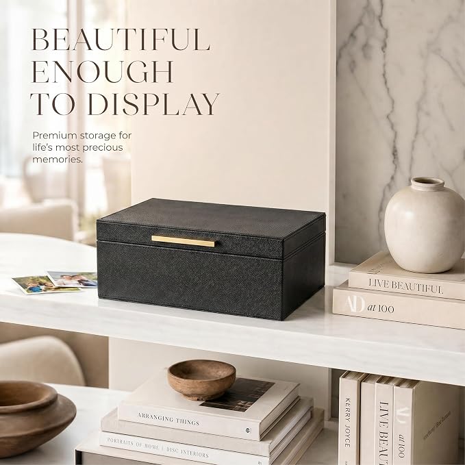 ZICOTO Decorative Photo Storage Box - Sturdy PU Leather Photo Organizer with Dividers is Perfect to Store Up to 1200 Pictures and 4x6 Photos - Portable Scrapbook Storage Containers with Lid