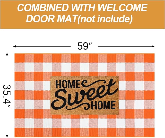 Collive 3x5 Buffalo Plaid Checkered Outdoor Rug, White and Orange Halloween Fall Decor Door Mat, Washable Front Doormat Outside Entrance, Layered Welcome Mat Porch Cotton Area Rugs for Entryway Patio