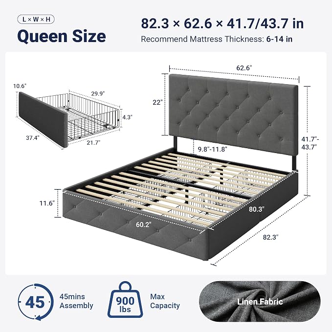 Allewie Upholstered Queen Size Platform Bed Frame with 4 Storage Drawers and Headboard, Diamond Stitched Button Tufted Mattress Foundation with Wooden Slats Support, Light Grey