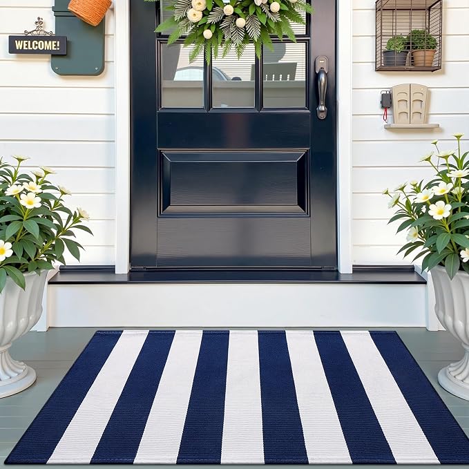 OLANLY Navy and White Striped Rug 2' x 4'3" (24" x 51") – Washable Cotton Indoor Outdoor Doormat for Front Door, Entryway, Kitchen, Porch, Patio Decor
