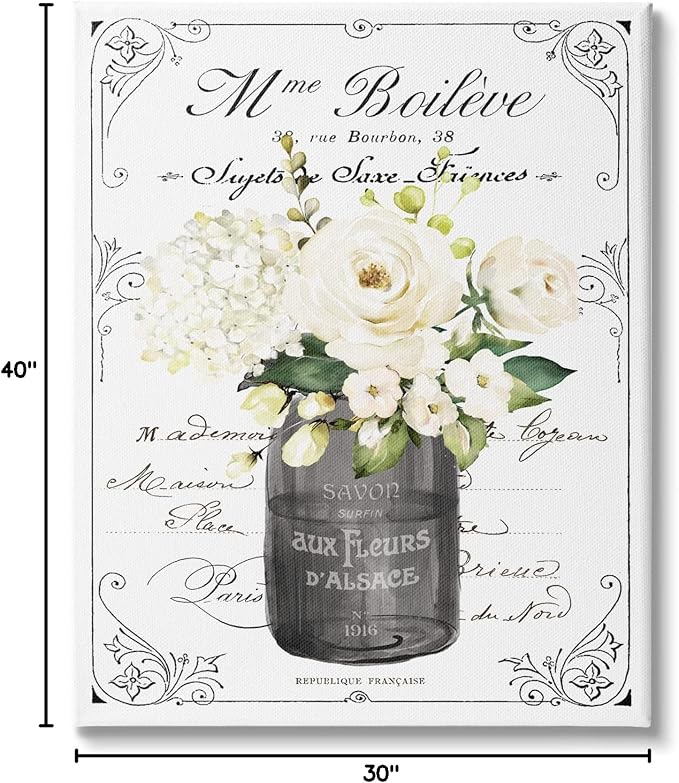 Vintage Parisian Floral Bathroom Bouquet, 30 x 40 Inch Canvas Wall Art | Stupell Industries · By Lettered and Lined · Ready to hang · Charming bath and laundry decor · Made in USA