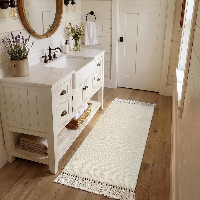 Collive Bathroom Runner Rug, 2' x 5' Modern Farmhouse Kitchen Runner Rug Hand-Woven Entryway Rugs Runners for Hallway, White Boho Washable Laundry Carpet Indoor Front Door Mat for Bedroom Decor