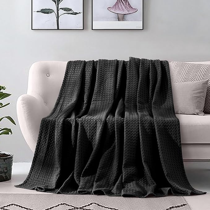 Elegant Comfort Premium 100% Cotton Waffle Blanket - Lightweight Breathable Waffle Weave Bed Blanket - Soft and Warm All Season Blanket for Couch, Sofa and Bed, King Size 90x108 Inches, Black