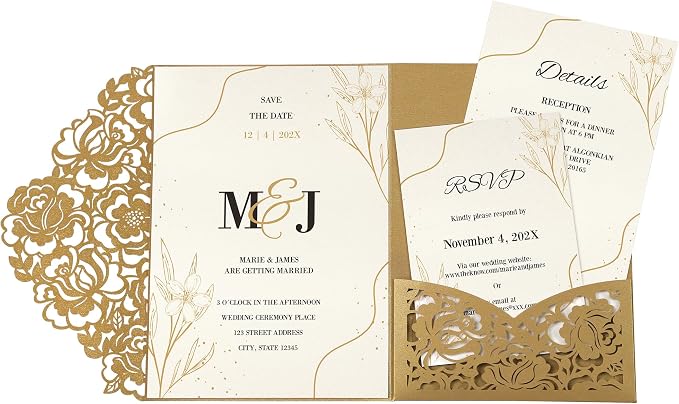 DORIS HOME Laser Cut Wedding Invitation Pockets, Gold, 5"x7" | 50pcs, With Envelopes, For Wedding & Anniversary, No Inserts Included