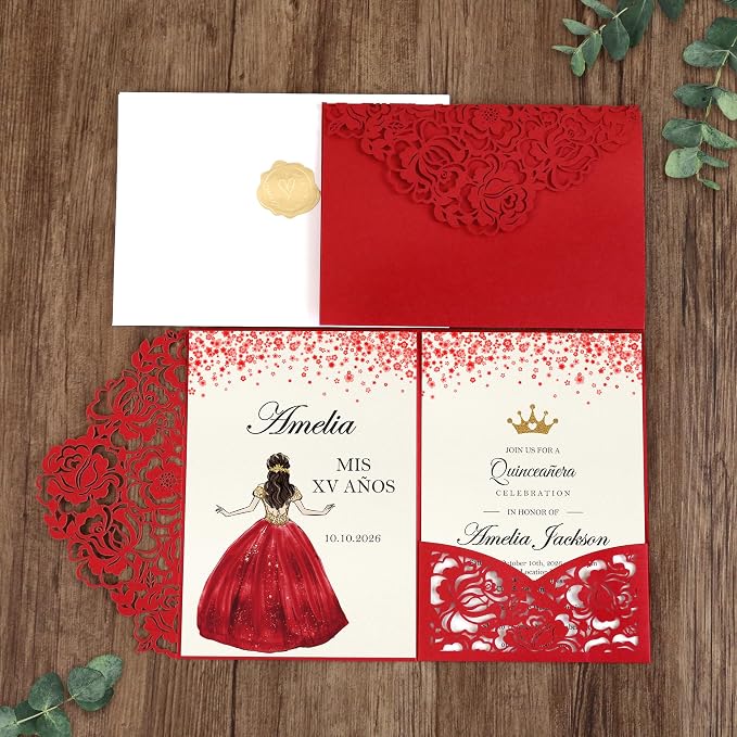 DORIS HOME Laser Cut Quinceanera Invitation Pockets, Red, 5"x7" | 50pcs, With Envelopes, For Birthday, Miss 15, Sweet 16, No Inserts Included