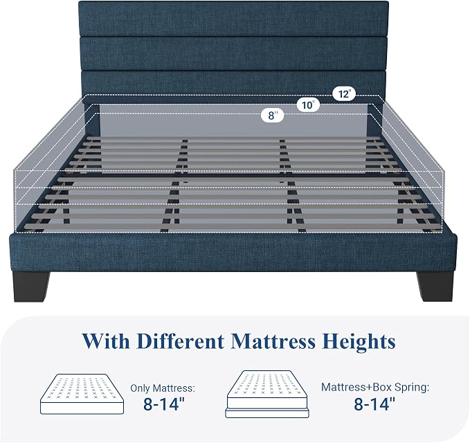 Allewie King Size Platform Bed Frame with Fabric Upholstered Headboard Blue | Wooden Slats Support, Fully Upholstered Mattress Foundation, No Box Spring Needed, Easy Assembly, Noise-Free, Blue