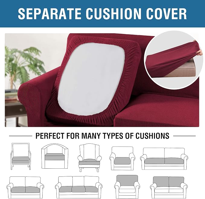 H.VERSAILTEX 3 Piece Stretch Sofa Covers for 2 Cushion Sofa Couch Covers for Living Room Furniture Cover (Base Cover Plus 2 Seat Cushion Covers) Thicker Jacquard Fabric(Large Sofa, Burgundy)