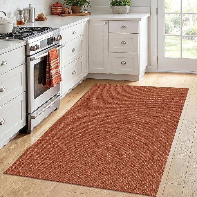 IOHOUZE Washable Area Rug 4x6 Non Slip Rubber Backed Woven Rugs for Entryway Indoor Bedroom Rugs Kitchen Rug Floor Throw Carpet for Entrance Front Door Living Room, Burnt Orange/Tan
