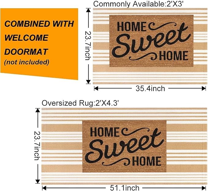 Khaki and White Striped Outdoor Rug 24'' x 51'' Front Porch Rug Hand-Woven Machine Washable Indoor/Outdoor Layered Door Mats for Entryway/Bedroom/Outdoor