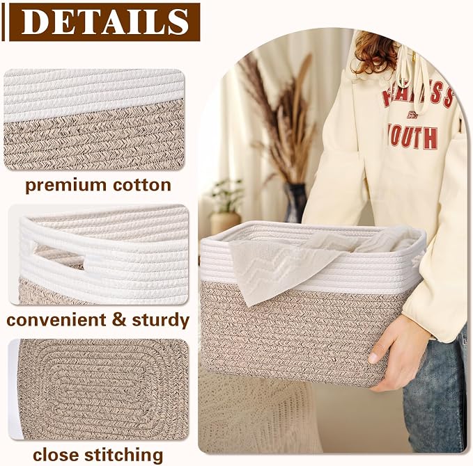 Storage Baskets for Organizing, 4 Pack Baskets for Shelves, Decorative Storage Bins for Shelves, Cotton Rope Storage Basket with Handles, Woven Basket for Storage, 13''Lx8.7''Wx7.9''H, White & Brown