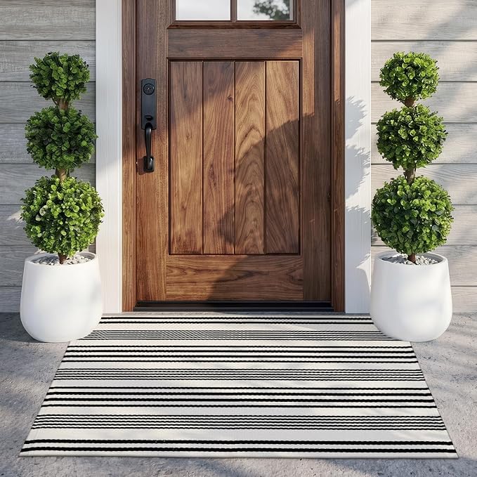 OJIA Front Door Rug 27.5"x43" Black and White Striped Outdoor Porch Rugs | Machine Washable Welcome Mat Cotton Woven Entryway Rug Front Door Mats for Porch/Farmhouse/Kitchen/Outside Entrance Decor