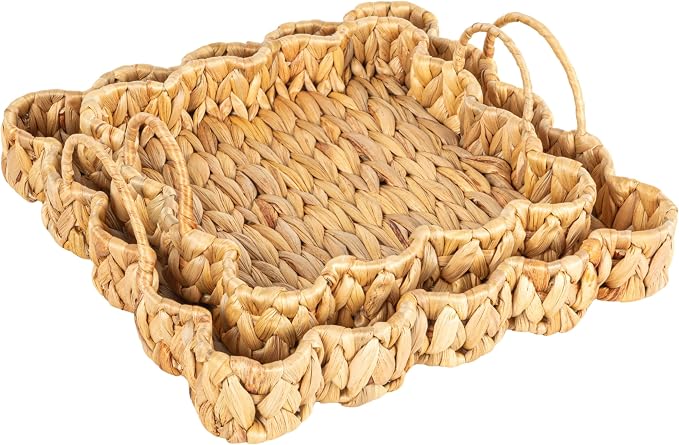 Household Essentials Woven Water Hyacinth Scalloped Square Trays, Set of 2, Natural