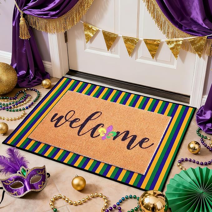 2 Pcs Mardi Gras Welcome Doormat, Welcome Mardi Gras Masks Mat, Carnival Fleur De Lis Non Slip Coir Mat Floor Striped Layering Doormats Seasonal for Front Porch Entryway Decor 24" x 32"