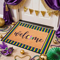 2 Pcs Mardi Gras Welcome Doormat, Welcome Mardi Gras Masks Mat, Carnival Fleur De Lis Non Slip Coir Mat Floor Striped Layering Doormats Seasonal for Front Porch Entryway Decor 24" x 32"