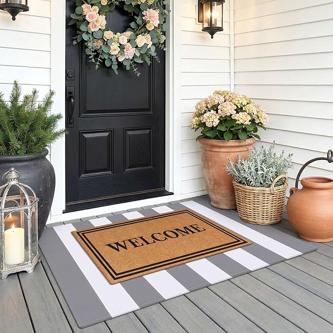 KOZYFLY Striped Rug 2.3x3.6 ft Front Door Rugs Gray White Cotton Woven Washable Indoor Outdoor Rug for Entryway Porch Kitchen Patio Decor Striped Layered Doormats