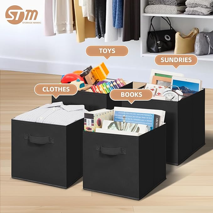 STORAGE MANIAC Storage Cubes, 11 Inch Collapsible Storage Bins with Handles, 4 Pack Fabric Foldable Bins for Organization, Durable Storage Bins for Closet, Shelves, Offices, 4-Pack Black