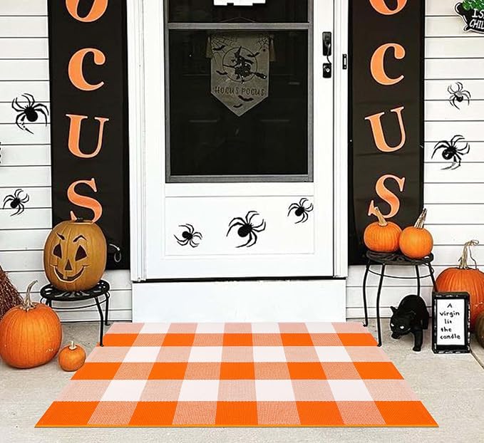 Fall Door Mat Outdoor 24''x35''Orange and White Outdoor Porch Rug Cotton Woven Washable Layered Doormat for Halloween Door Mat,Kitchen,Farmhouse,Entryway
