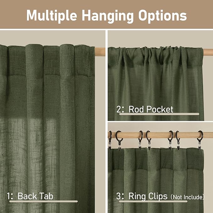 LAMIT Olive Green Linen Curtains for Living Room 84 inch Length 2 Panels, Light Filtering Semi Sheer Panels Back Tab and Rod Pocket Boho Christmas Drapes for Bedroom/Farmhouse, 38 x 84 Inch