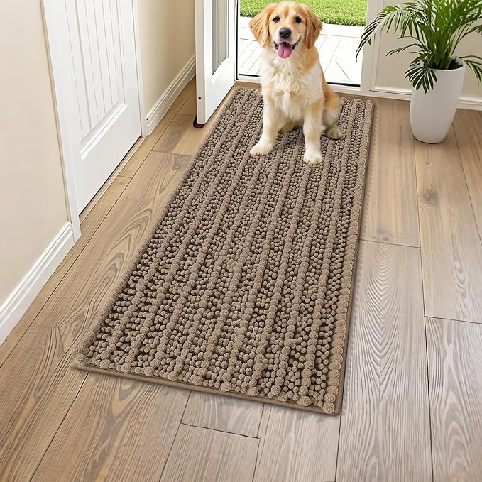 Smiry Dog Door Mat for Muddy Paws 47x17, Absorbent Dirt Trapper, Non-Slip Washable Chenille Entryway Rug for Inside Floor, Camel, Layered Pattern