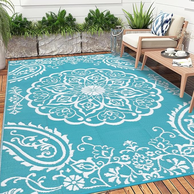 Pauwer Outdoor Rug 10x14, Waterproof Plastic Straw Camping Rug, Boho Teal | Reversible Patio Rug, UV Resistant Indoor Outdoor RV Mat Carpet For Deck, Camper, Porch, Balcony, Backyard, Picnic, Foldable