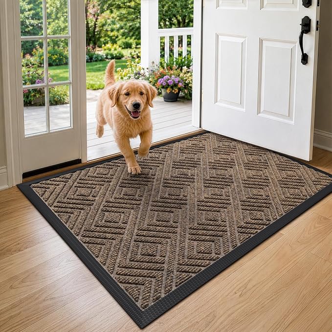 DEXI Front Door Mat Outside Entrance, 32x48 Heavy Duty Entry Doormat Dirt Trapper with Rubber Back, Non Slip Low Profile Floor Mats for Entryway Exterior Patio, Checkered Brown