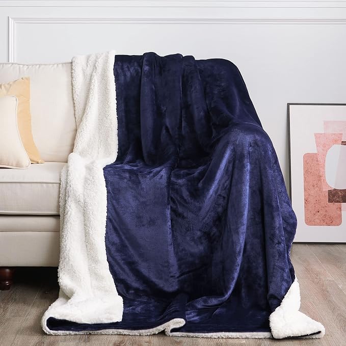 NICETOWN Navy Blue Sherpa Blanket, Reversible Fleece Super Soft Fuzzy Flannel Blanket, Velvet Plush Luxurious Thick Warm Puppy Blanket for Home, Couch, Sofa, Bed, 60 x 80 Inches