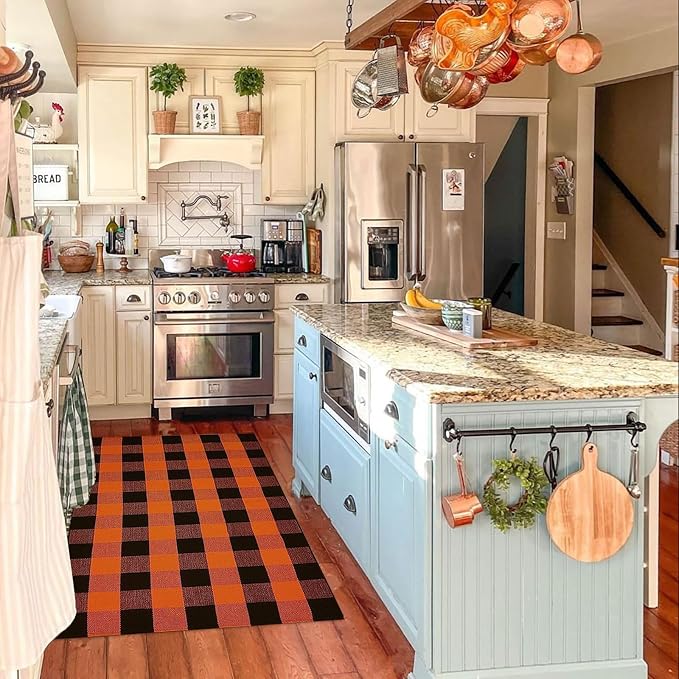 Bottalive Buffalo Plaid Outdoor Rugs, 3'x5' Orange and Black Checkered Indoor/Outdoor Area Rug, Layering Rug for Hello/Welcome Door Mat, Washable Cotton Woven Farmhouse Mat for Fall Front Porch Décor