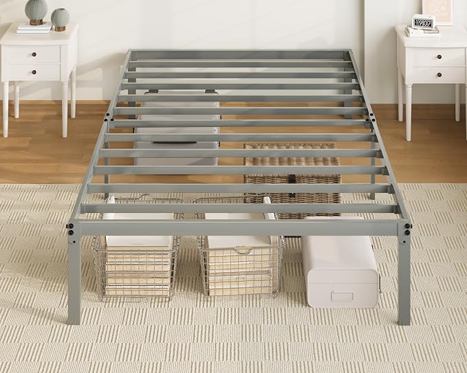 Allewie Twin XL Bed Frame, 14 inch Metal Beds with Storage Space, Grey | Heavy-Duty Metal Platform Beds, Large Under-Bed Storage Space, No Box Spring Needed, Easy Assembly