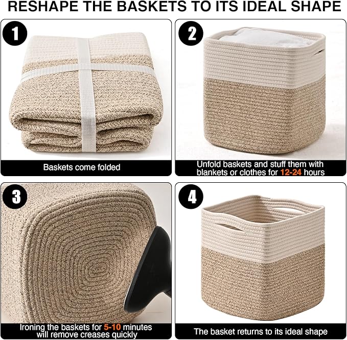 ICERZCZ 11 Inch Cube Storage Bins, Organizer Woven Cotton Rope Square Baskets for Organizing Shelves, Toys, Nursery, Off White & Brown (Pack of 3)