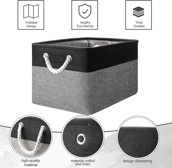 meekoo 8 Pack Collapsible Storage Bins Fabric Storage Bins Polyester Fabric Baskets with Handles Linen Closet Organizer for Shelf Home Closet Towels Toys(15 x 11 x 9.5 in,Black Gray)